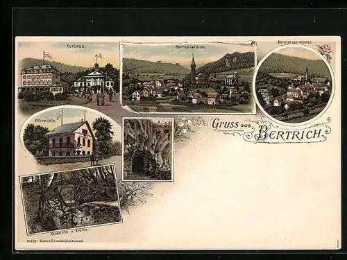 Lithographie Bertrich, Kurhaus, Elfenmühle, Käsekrotte