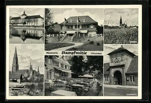 AK Schleswig, Waldhotel Stampfmühle, Schloss Gottorf, Möveninsel, Haithabau-Museum