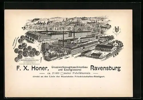 Lithographie Ravensburg, F.X. Honer Grosswerkzeugmaschinenbau und Eisengiesserei aus der Vogelschau