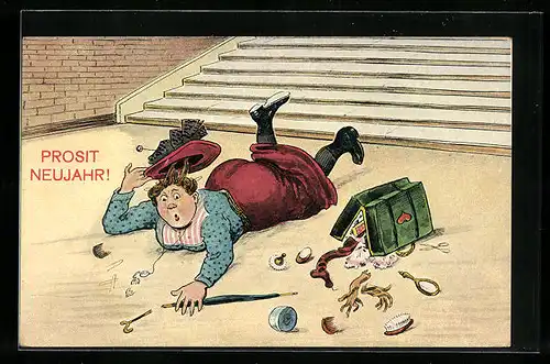 Künstler-AK Prosit Neujahr!, Dame mit Gepäck ist die Treppe herunter gestürzt