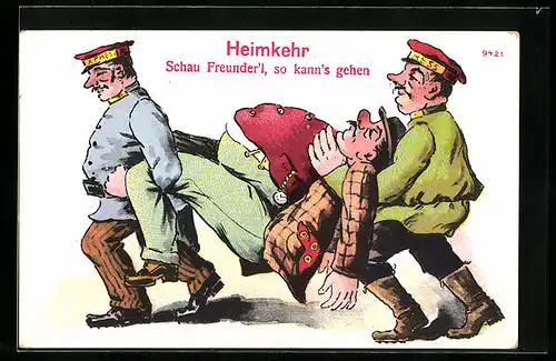 Künstler-AK Bruno Bürger & Ottillie Nr. 9421: Heimkehr, Schau Freunder`l, so kann`s gehen, Trinkerhumor