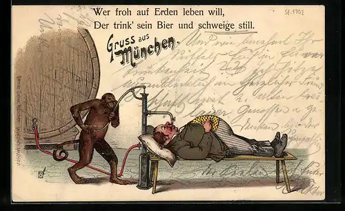 Lithographie Wer froh auf Erden leben will, Der trink` sein Bier und schweige stille, Druckbetankung durch Affen