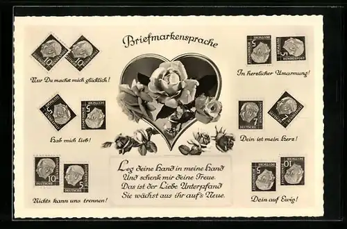 AK Briefmarkensprache mit Rosen und Liebesgedicht