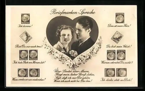 AK Briefmarken-Sprache, Über Länder, über Meere..., Liebespaar