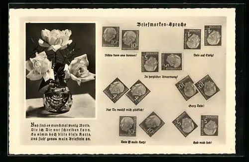 AK Briefmarkensprache, Rosen in Vase, Nichts kann uns trennen!
