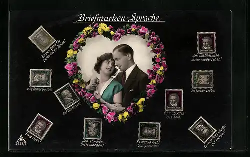 AK Briefmarkensprache, Liebespaar, Herz, versch. Briefmarken