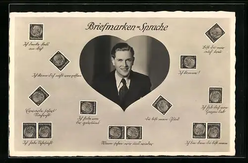 AK Lächelnder Jüngling in einem Herz-Rahmen, Briefmarkensprache