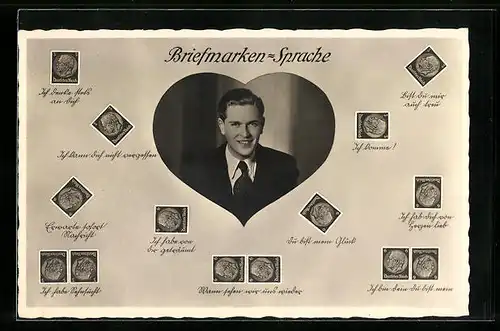 AK Lächelnder Jüngling in einem Herz-Rahmen, Briefmarkensprache