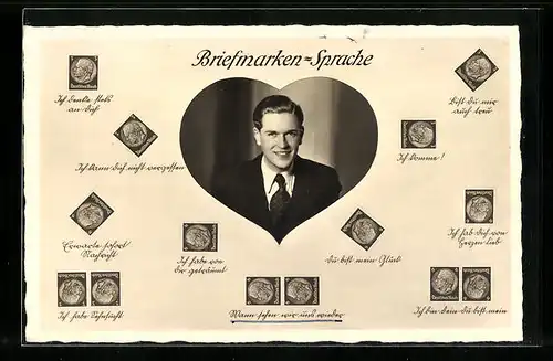 AK Lächelnder Jüngling in einem Herz-Rahmen, Briefmarkensprache
