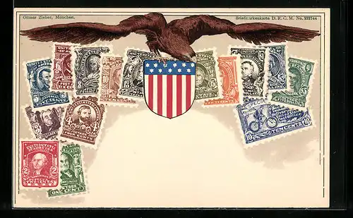 Lithographie USA, Briefmarken, Adler und Wappen