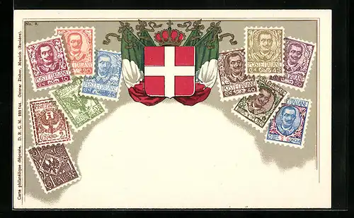 Lithographie Italien, Briefmarken und Wappen mit Krone und Flagge
