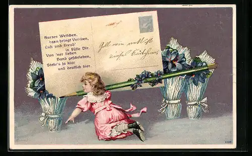 Präge-Lithographie Ansichtskartengeschichte mit Veilchen und Kind im Kleid