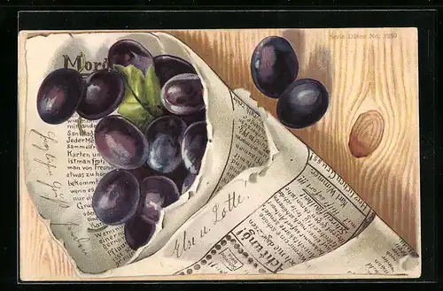 AK Pflaumen in einer Papiertüte, Aufforderung für Schreibfaule auf der Tüte