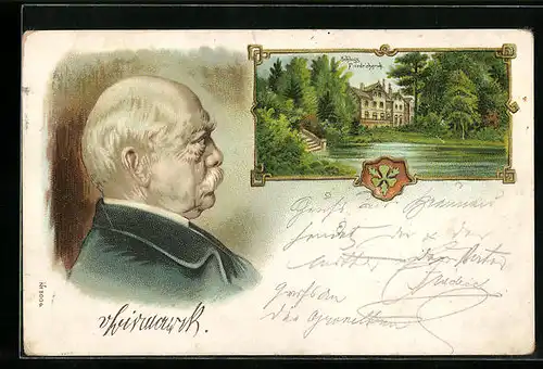 Lithographie Friedrichsruh, Portrait Reichskanzler Otto v. Bismarck im Profil, Idylle am Schloss mit Weiher