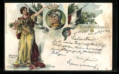 Lithographie Fürst Otto von Bismarck, 1815-1898, Frau mit Krone