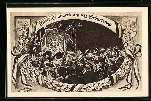 AK Bismarck mit Menschengruppe an seinem 80. Geburtstag