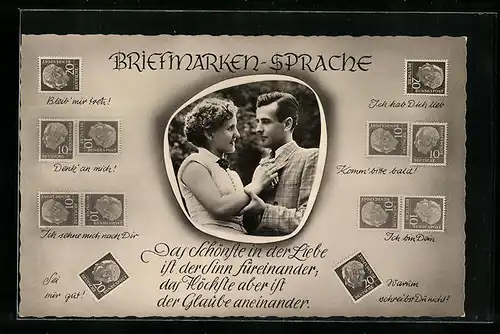 AK Briefmarkensprache, Verliebtes Paar