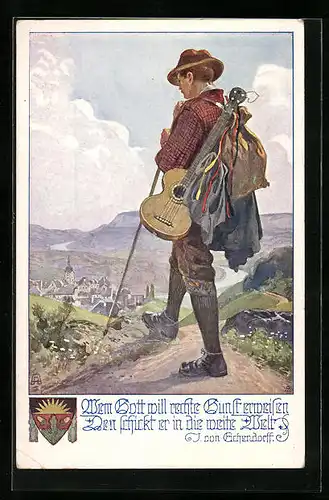 AK Deutscher Schulverein Nr. 878: Wanderer blickt hinab ins Tal