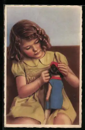 AK Hübsches Mädchen spielt ganz konzentriert mit ihrer Puppe