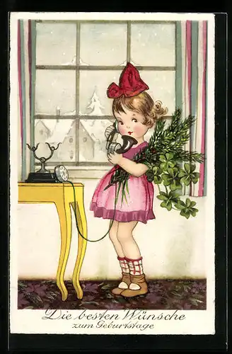 AK Mädchen mit Tannenzweigen am Telefon, Geburtstagsgruss