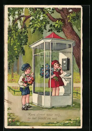 AK Mädchen telefoniert in einer Telfonzelle