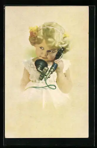 Künstler-AK Kleines Mädchen mit Goldlöckchen hält Telefonhörer ans Ohr