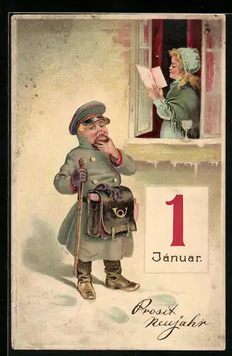 AK Briefträger überbringt Brief zu Neujahr an junge Frau