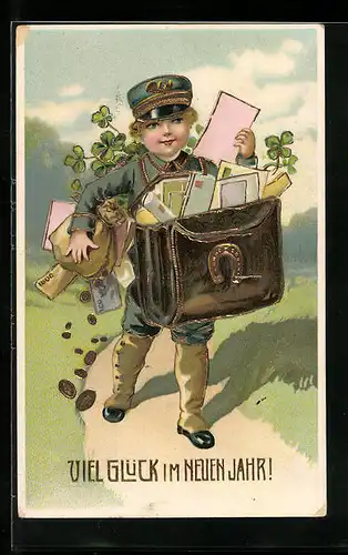 Präge-AK Postbote auf einem Feldweg, Neujahrsgruss