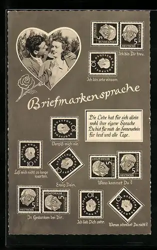 AK Briefmarkensprache, Liebespaar im Herz