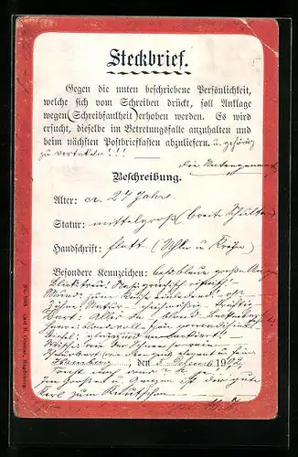 AK Steckbrief, Gegen die unten beschriebene Persönlichkeit..., Schreibfaul