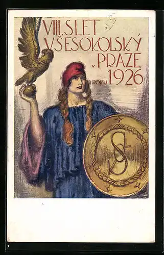 Künstler-AK Praze, VIII. Slet Vsesokolský 1926, Göttin mit Adler und Schild