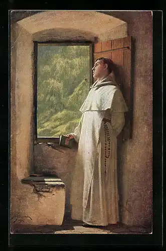 Künstler-AK Junger Mönch schaut aus dem Fenster