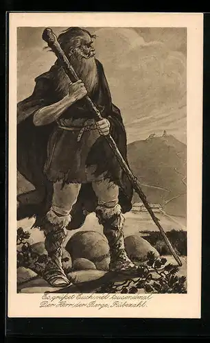 AK Rübezahl mit Stock in den Bergen