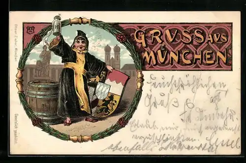 Lithographie München, Münchner Kindl mit Bierfass, Bierkrug und Wappen