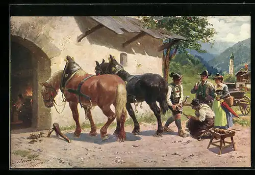 Künstler-AK Hufschmied beim Beschlagen von Pferden