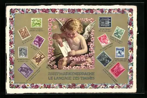 AK Briefmarkensprache, Ich denk an Dich!, Ich bleib Dir treu!, Erwarte Antwort!, Englein mit Kuvert