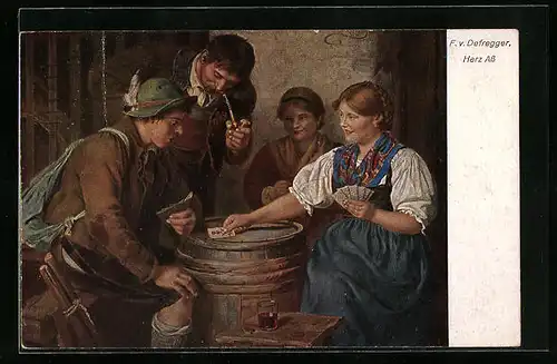 AK Mann und Frau beim Kartenspiel Herz Ass