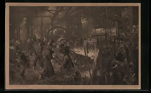 Künstler-AK Fabrikarbeiter im Eisenwalzwerk