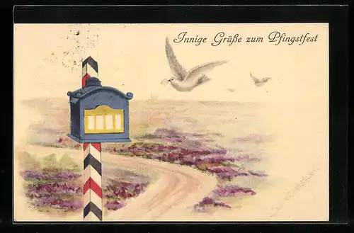 Künstler-AK Innige Grüsse zum Pfingstfest, Brieftauben