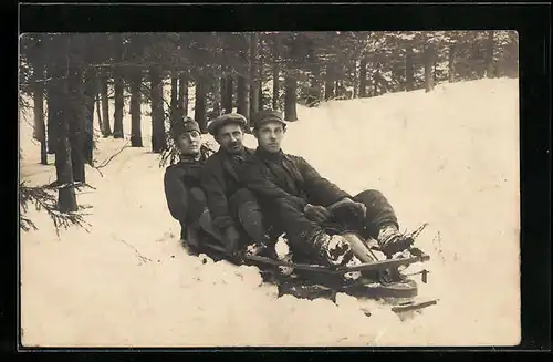 Foto-AK Drei Herren auf einem lenkbaren Schlitten