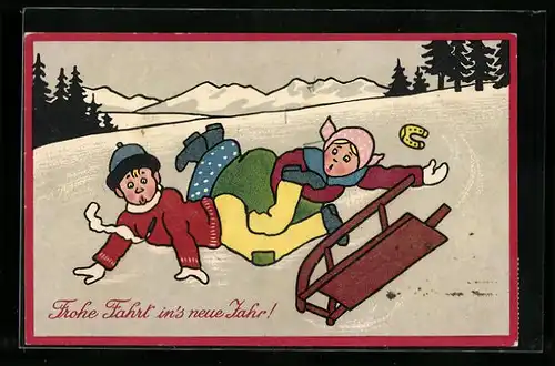 Künstler-AK Frohe Fahrt in`s neue Jahr!, Rodler sind gestürzt