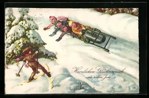 Künstler-AK Viererbob im Eiskanal