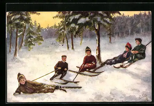 AK Skifahrer machen eine Pause und legen sich in den Schnee