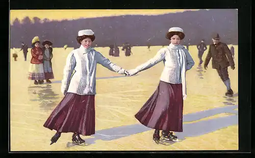 AK Zwei Frauen auf Schlittschuhen halten sich an der Hand