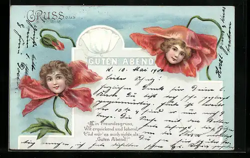 Lithographie Gutenabend, Frauenköpfe in Mohnblüten, Metamorphose