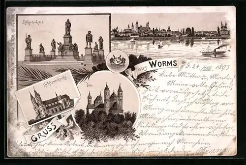 Vorläufer-Lithographie Worms, Liebfrauenkirche mit Dom, Lutherdenkmal 1893