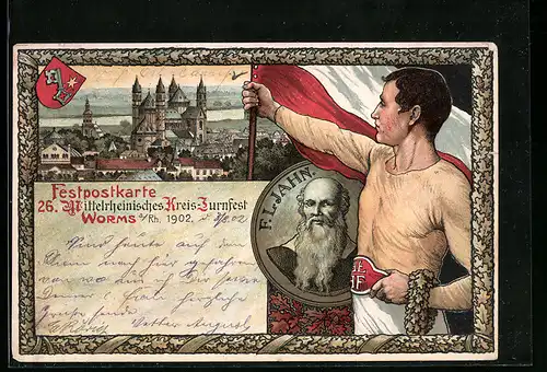 Lithographie Worms a. Rh., Festpostkarte 26. Mittelrheinisches Kreis-Turnfest 1902, Teilansicht, F. L. Jahn