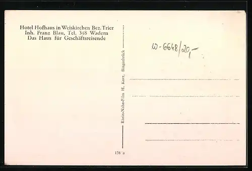 AK Weiskirchen /Bez. Trier, Hotel Hofhaus, Kirche und Lebensmittelgeschäft, Strassenpartie