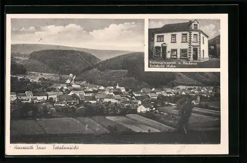 AK Honzrath /Saar, Kolonialwarengeschäft und Bäckerei Reinhold Hahn, Totalansicht
