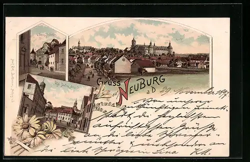 Lithographie Neuburg a. D., Schloss mit Strassenpartie, Oberes Stadttor, Königliche Studien-Anstalt
